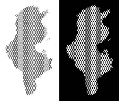 Yarı ton yuvarlak Tunus harita leke. Beyaz ve siyah arka plan üzerinde gri ve beyaz renklerde vektör Coğrafi haritalar. Soyut Kompozisyon daire noktalardan tasarlanmış Tunus Haritası.