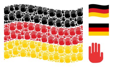 Alman bayrağı sallayarak. Vektör stop el tasarım öğeleri mozaik Alman bayrağı kompozisyon dağılmış. Düz dur el unsurları yaratılmıştır vatansever illüstrasyon.