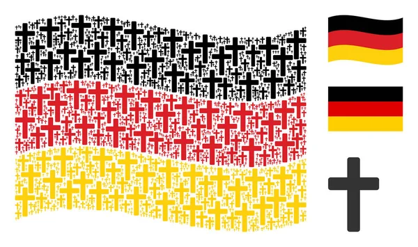 Alman bayrağı sallayarak. Vektör dini çapraz tasarım öğeleri geometrik Almanya bayrağı kolaj içine birleştirilmiştir. Vatansever kolaj çapraz düz dini sembollerin oluşur.