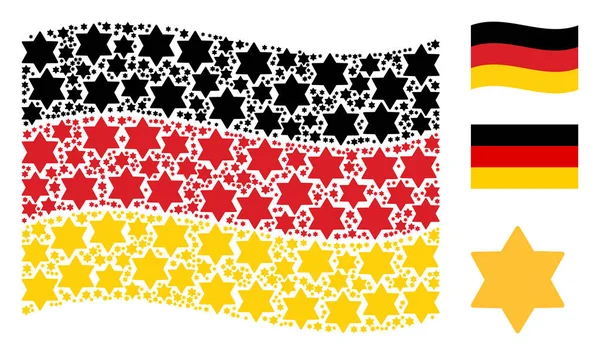 Ondeando bandera alemana collage de seis elementos de estrella puntiaguda — Archivo Imágenes Vectoriales