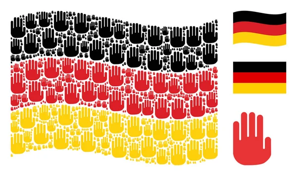 Alman bayrağı sallayarak. Vektör stop el tasarım öğeleri mozaik Alman bayrağı kompozisyon dağılmış. Düz dur el unsurları yaratılmıştır vatansever illüstrasyon.