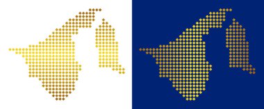 Altın Brunei harita noktalı. Yatay ve dikey gradyanlar ile Parlatıcı renklerde vektör bölge eşleştirir. Brunei harita soyut kolaj rhombus unsurları organize.