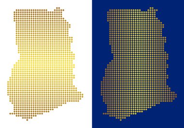 Altın nokta Gana harita. Vektör yatay ve dikey gradyanlar ile Parlatıcı renklerde Coğrafi haritalar. Soyut Kompozisyon rhombic piksel cinsinden yapılan Gana Haritası.