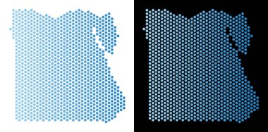 Petek Mısır harita. Vektör toprakları beyaz ve siyah arka plan üzerinde yatay gradyan ile açık mavi renk düzeninde. Soyut Mısır harita kavram Altıgen Karo öğelerden yapılır.