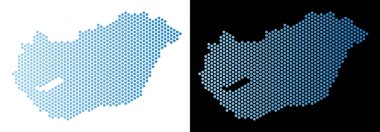 Petek Macaristan Haritası. Vektör toprakları beyaz ve siyah arka plan üzerinde yatay gradyan ile açık mavi renk düzeninde. Soyut Macaristan harita kavram Altıgen Karo noktalardan oluşur.