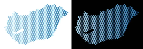 Petek Macaristan Haritası. Vektör toprakları beyaz ve siyah arka plan üzerinde yatay gradyan ile açık mavi renk düzeninde. Soyut Macaristan harita kavram Altıgen Karo noktalardan oluşur.