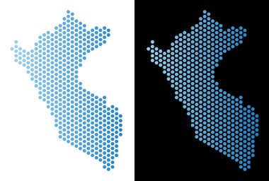 Altıgen Karo Peru Haritası. Vektör coğrafi planında yatay gradyan ile açık mavi renk beyaz ve siyah arka plan üzerinde. Soyut Peru harita kavram altıgen öğelerden oluşur.