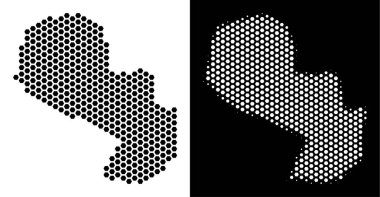 Altıgen Paraguay harita. Vektör bölge planı içinde siyah ve beyaz değişik. Soyut Paraguay harita kavram hex-kiremit noktalardan yapılır.