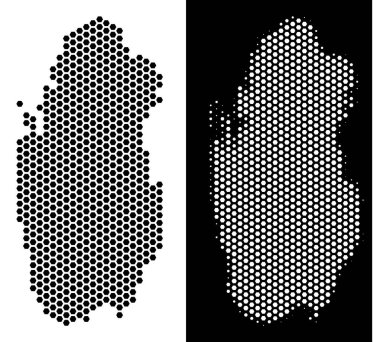 Altıgen Katar harita. Siyah beyaz eski sürümlerde vektör coğrafi planı. Soyut Katar harita kompozisyon hex-kiremit öğelerden oluşur.