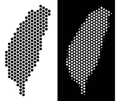 Altıgen Tayvan ada haritası. Vektör toprak düzeni içinde siyah ve beyaz değişik. Soyut Tayvan Adası harita kavramı altıgen piksellerden oluşur.