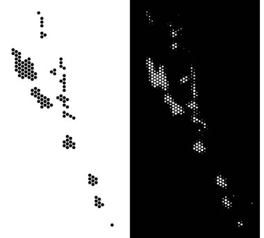Hex kiremit Vanuatu adalar harita. Siyah beyaz eski sürümlerde vektör coğrafi planı. Soyut Vanuatu adalar harita kompozisyon petek noktalardan oluşur.