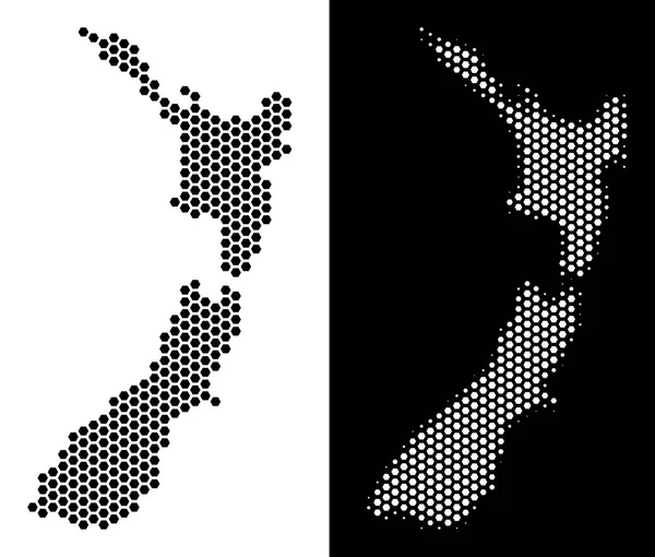 Hex-kiremit Yeni Zelanda haritası. Vektör bölge düzeni içinde siyah ve beyaz değişik. Soyut Yeni Zelanda harita kompozisyon Altıgen Karo öğelerden oluşur.