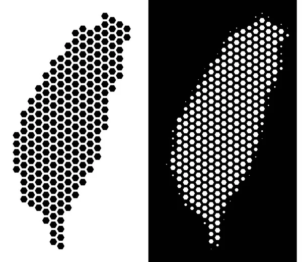 Altıgen Tayvan ada haritası. Vektör toprak düzeni içinde siyah ve beyaz değişik. Soyut Tayvan Adası harita kavramı altıgen piksellerden oluşur.