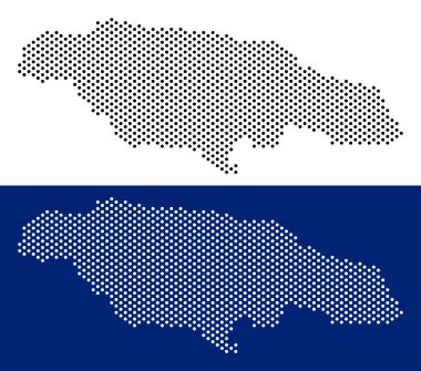Nokta Jamaika haritası. Vektör coğrafi harita üzerinde beyaz ve mavi arka plan. Vektör mozaik yuvarlak nokta ile inşa Jamaika haritası.