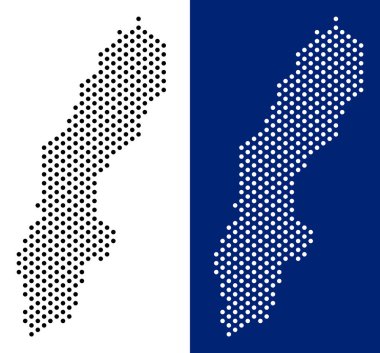 Piksel İsveç harita. Vektör coğrafi harita üzerinde beyaz ve mavi arka plan. İsveç harita sferik lekesi yapılan vektör mozaiği.