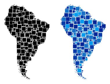 Noktalı Güney Amerika harita çeşitleri. Soyut coğrafi düzeni sürüm mavi renk değişimleri ile yapılır. Güney Amerika harita randomize kare ve daire puan inşa bileşimi vektör.