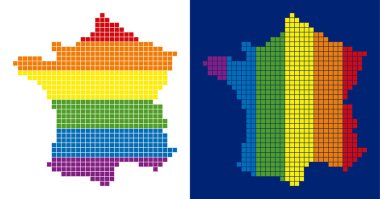 Nokta Lgbt Fransa harita sürümleri. Yelpazenin renkleri beyaz ve mavi arka plan üzerinde dikey ve yatay yön ile vektör coğrafi şemaları.