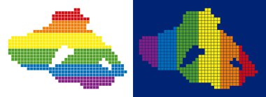 Noktalı Lgbt Yunan Midilli (ada) harita sürümleri. Beyaz ve mavi arka plan üzerinde dikey ve yatay yön ile spektrum renklerde vektör Coğrafi haritalar.