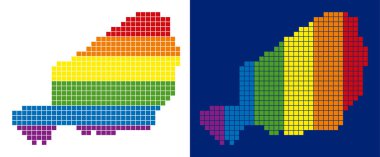 Nokta Lgbt Nijer harita çeşitleri. Gökkuşağı renkleri beyaz ve mavi arka plan üzerinde dikey ve yatay yön ile vektör Coğrafi haritalar.