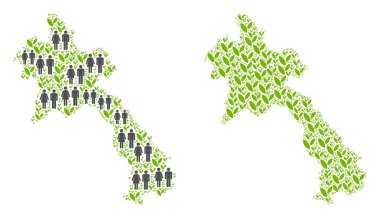 İnsan nüfus ve çim Laos Haritası. Vektör soyutlama Laos Haritası ve erkek ve kadın, rasgele oluşan öğeleri çeşitli boyutlarda filiz. Ulus seyirci haritacılık soyut sosyal planı.