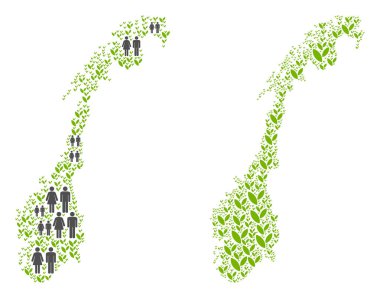 İnsan nüfus ve çim Norveç harita. Norveç harita mozaiği vektör rasgele hanımefendi ve beyefendi ve bitki öğeleri değişken boyutlarda oluşur. Ulusal topluluk haritacılık soyut sosyal düzeni.