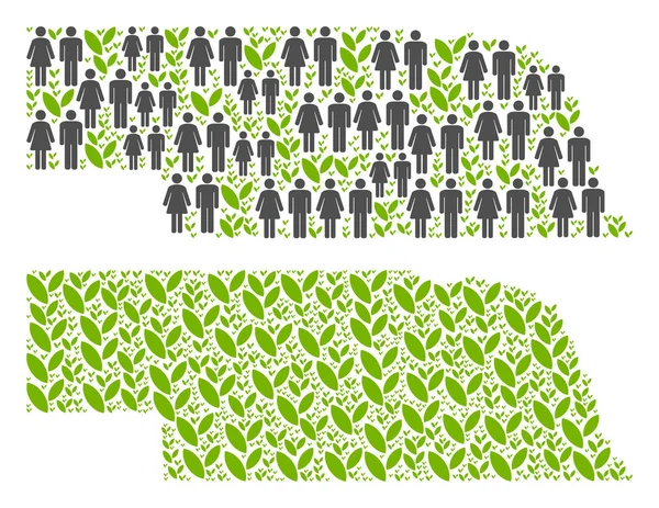 İnsan nüfusu ve çiçek Nebraska eyalet harita. Vektör desen dağınık erkek ve kadın ve tarım öğeleri farklı boyutlarda tasarlanmış Nebraska eyalet Haritası.