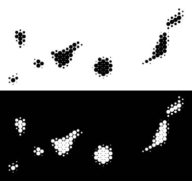 Piksel yarı ton canarinha İspanya Adaları harita. Beyaz ve siyah arka plan üzerinde vektör coğrafi düzeni. Soyut kavram küresel öğelerden inşa canarinha İspanya Adaları Haritası.