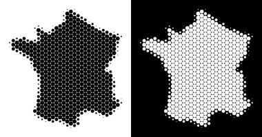 Fransa: yarı ton nokta. Beyaz ve siyah arka plan üzerinde vektör coğrafi düzeni. Fransa: yuvarlak elemanları ile yapılan soyut mozaiği.