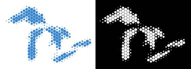 Piksel yarı ton büyük göller haritası. Vektör coğrafi planı beyaz ve siyah arka plan üzerinde. Soyut mozaik küre noktalarından oluşan büyük göller Haritası.