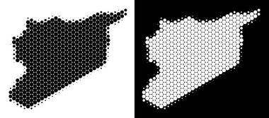 Yarı ton Suriye harita nokta. Beyaz ve siyah arka plan üzerinde vektör coğrafi düzeni. Soyut mozaik yuvarlak öğelerinden oluşan Suriye Haritası.