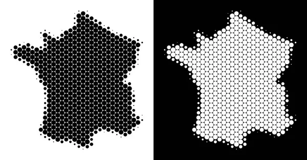 Fransa: yarı ton nokta. Beyaz ve siyah arka plan üzerinde vektör coğrafi düzeni. Fransa: yuvarlak elemanları ile yapılan soyut mozaiği.