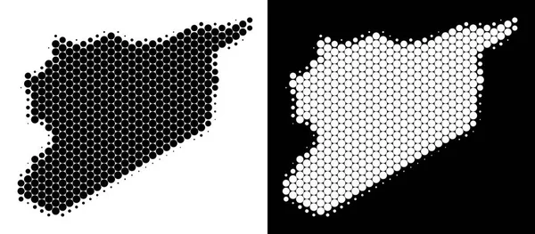 Yarı ton Suriye harita nokta. Beyaz ve siyah arka plan üzerinde vektör coğrafi düzeni. Soyut mozaik yuvarlak öğelerinden oluşan Suriye Haritası.