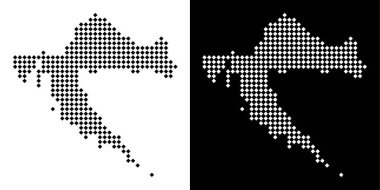 Vektör rhombic Hırvatistan harita noktalı. Beyaz ve siyah arka plan üzerinde siyah ve beyaz renklerde soyut Coğrafi haritalar. Hırvatistan haritası rhombus piksel mozaiği oluşur.