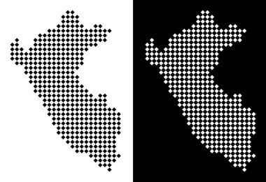 Vektör rhombic nokta Peru Haritası. Beyaz ve siyah arka plan üzerinde siyah ve beyaz renklerde soyut bölge eşleştirir. Organize Rhombic noktası desen Peru Haritası.