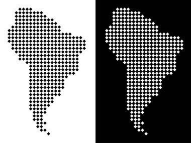 Vektör rhombus Güney Amerika harita noktalı. Beyaz ve siyah arka plan üzerinde siyah ve beyaz renklerde soyut bölge eşleştirir. Güney Amerika harita Rhombus nokta model oluşturuldu.