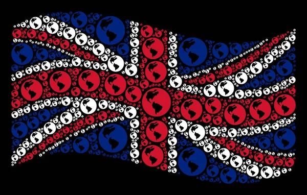 Büyük Britanya bayrağı kolaj dünya öğelerin sallayarak — Stok fotoğraf