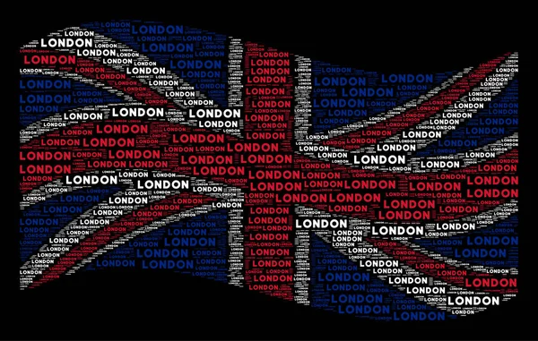 Waving English flag on a black background. Raster London text items are arranged into geometric United Kingdom flag abstraction. Patriotic composition made of London text elements.