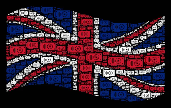 Waving British Flag Pattern of Video GPU Card Items — Stock Photo, Image