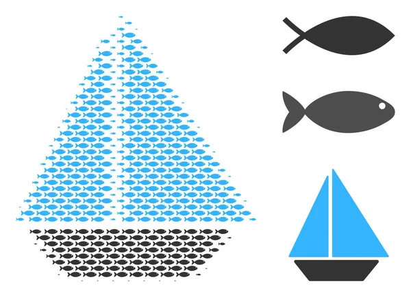 Fish Halftone Yacht Collage — Stock Vector