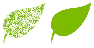 Servis araçlarının bitkisel yaprak mozaik. Vektör bitkisel yaprak simgesi çarkları, anahtarları ve diğer mekanik nesneleri düzenlenmiştir. Teknisyen iş kavramı.