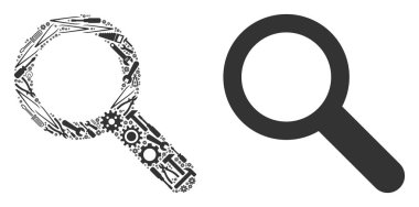 Arama kompozisyon atölye aletleri. Vektör arama simgesi tornalama, tornavida ve diğer servis maddelerinin yapılır. Bakım atölye kavramı.