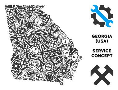 Hizmet Amerikan devlet Gürcistan harita kolaj aletleri onarmak. Gri renk düzeninde soyut bölge. Vektör Amerikan devlet Gürcistan harita dişli tekerlekleri tasarlanmıştır,