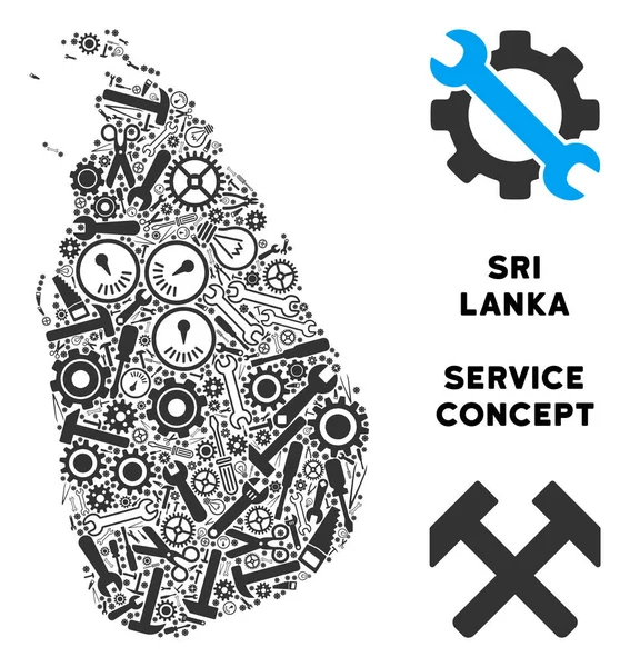 Hizmet Sri Lanka ada harita mozaik araçları. Gri renk soyut toprak düzeninde. Cogwheels, tornavida ve diğer hizmet simgeler vektör Sri Lanka ada Haritası oluşan.