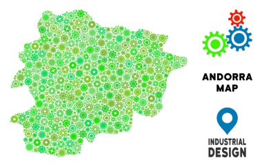 Andorra haritası kompozisyon bir küçük araç vites. Yeşil renk tonu soyut toprak düzeninde. Vektör Andorra harita dişli tekerlekleri yapılır. Bakım servisi için kavram.