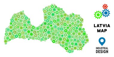 Dişli Letonya harita kolaj küçük cogwheels. Coğrafi arka planında yeşil renk renk tonları. Vektör Letonya harita dişli tekerlekleri şeklindedir. Mekanik atölye kavramı.