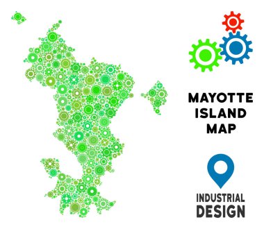 Küçük çark dişli Mayotte Adası harita mozaik. Yeşil renk tonlarını soyut bölge planı. Vektör Mayotte Adası harita cogwheels oluşur. Mekanik iş kavramı.