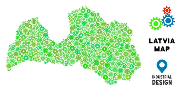 Dişli Letonya harita kolaj küçük cogwheels. Coğrafi arka planında yeşil renk renk tonları. Vektör Letonya harita dişli tekerlekleri şeklindedir. Mekanik atölye kavramı.