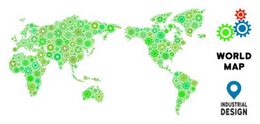 Dişli dünya harita mozaik küçük teneke adam. Yeşil renk tonlarını soyut toprak planında. Vektör dünya harita vites yapılır. Endüstriyel hizmet kavramı.