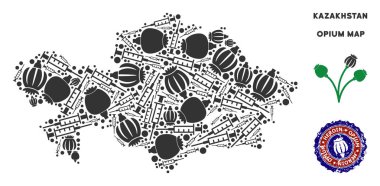 Afyon bağımlılığı Kazakistan harita kompozisyon haşhaş başkanları ve şırınga. Eroin bağımlılığı karşı Alkolizim kampanya için şablon.