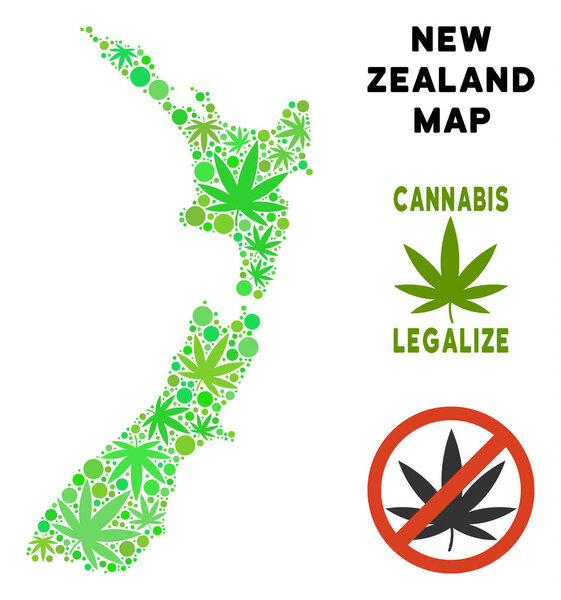 Royalty Free Cannabis Leaves Mosaic New Zealand Map